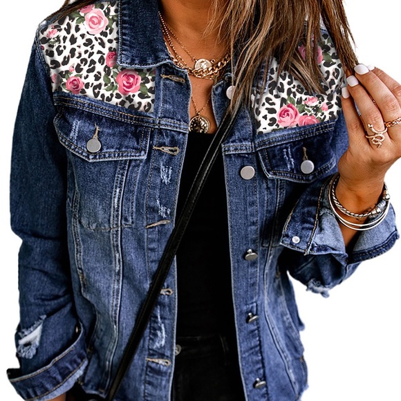 DISTRESSED MIXED PRINT DENIM JACKET - Picture 4 of 4